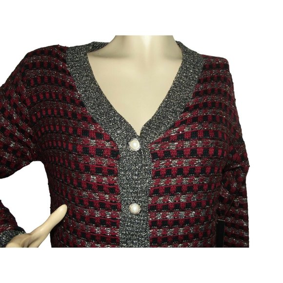 Womens Medium Red Black Gold Woven Plaid Acrylic Button Front Cardigan Sweater m - Picture 2 of 7